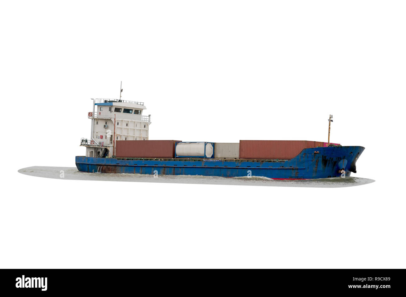 Container Cargo ship in the ocean isolated on white background, Freight Transportation Stock Photo