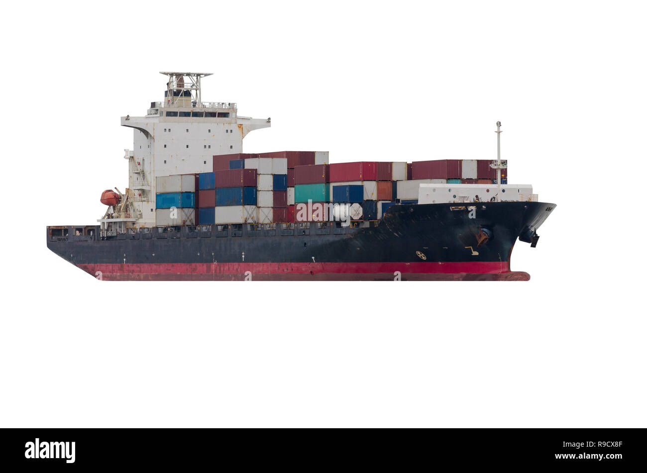 Container Cargo ship in the ocean isolated on white background, Freight Transportation Stock Photo