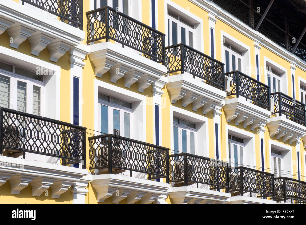 Detail of Portuguese style architecture in Goa, India showing balconies