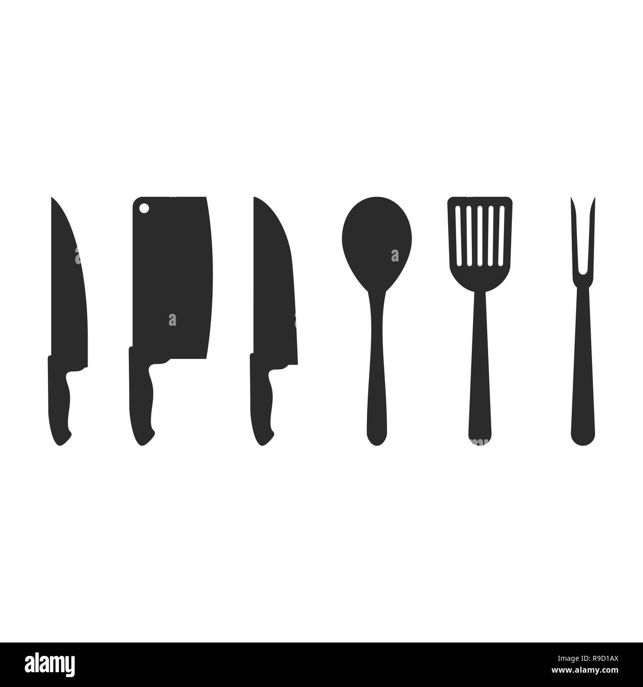 Silhouettes of kitchen accessories. Vector illustration. Set of black kitchen tools, isolated Stock Vector