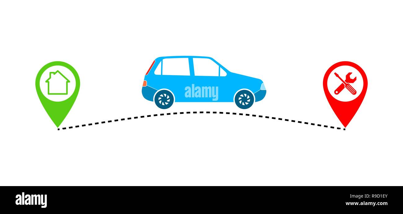 Car and its traveling route or track with green and red location marker. Vector illustration. Travel concept Stock Vector