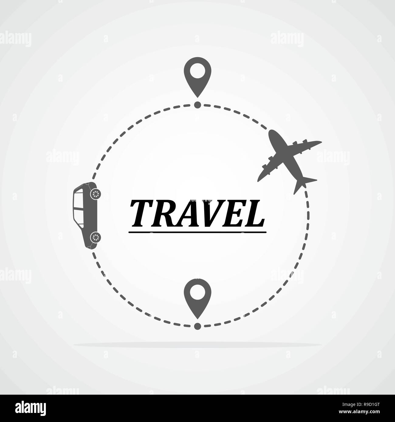 Concept of traveling by car and plane. Vector illustration. Traveling route or track with location markers Stock Vector