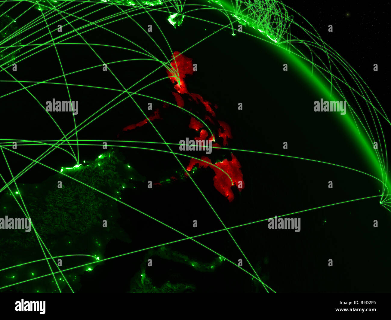 Philippines from space on model of green planet Earth with network ...
