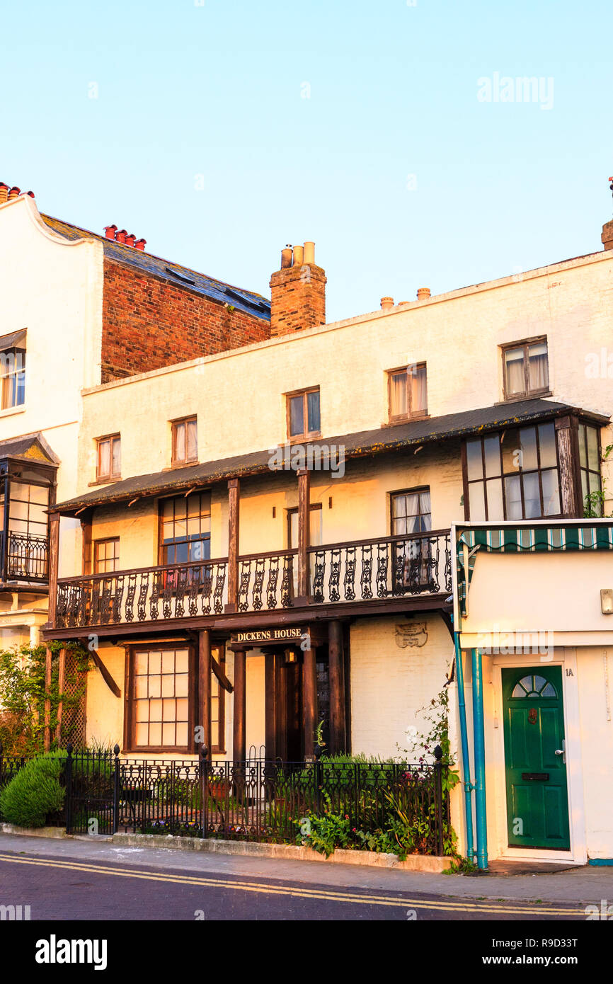 Front of Dickens House Museum, Broadstairs seafront, morning golden