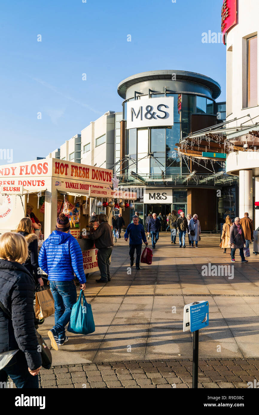 Westwood Cross shopping centre, England. Car park with M&S store