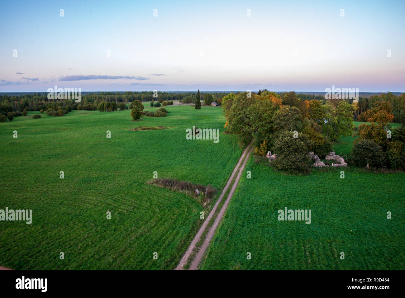 empty countryside landscape in autumn with fields and meadows and rare ...