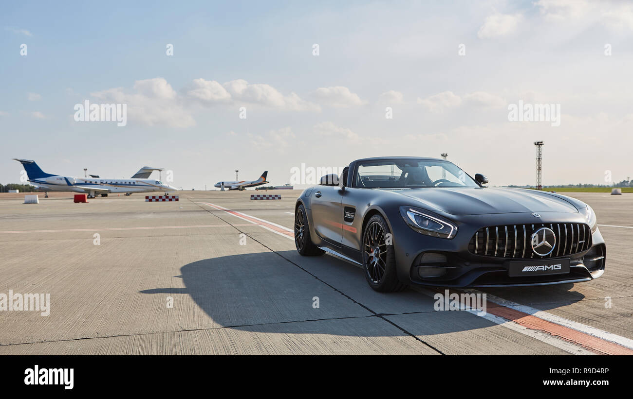 Kyiv, Ukraine - September 2, 2017: Mercedes-Benz Star Experience 2017 on the airport Boryspil at the express test of the fastest Mercedes AMG for journalists, bloggers and clients from Kyiv Stock Photo