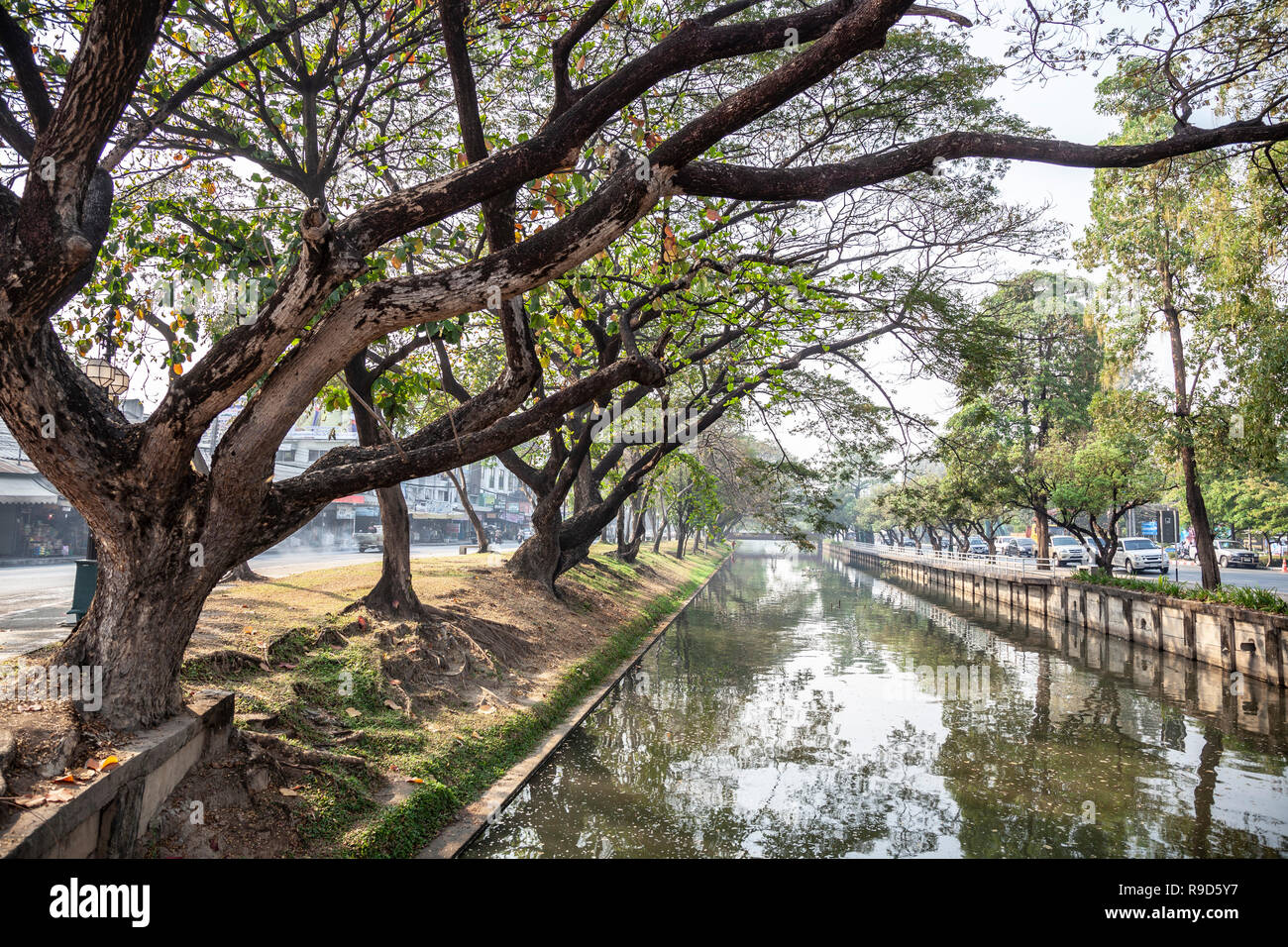 A part of the moats which surround the centre of Chiang Mai old city and its outer walls (Thailand). Here, the intense car traffic is particular. Stock Photo