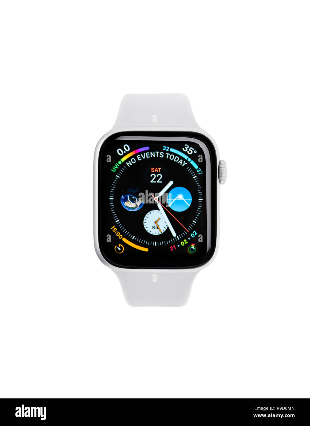 UZHGOROD, UKRAINE - DECEMBER 22, 2018: New Apple Watch 4, 44 inches on a white background. Apple Watch is a line of smartwatches designed, developed,  Stock Photo