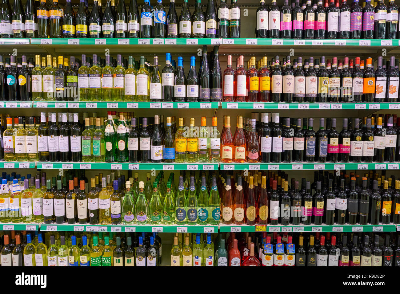 MILAN, ITALY CIRCA NOVEMBER, 2017 assortment of wine on display for