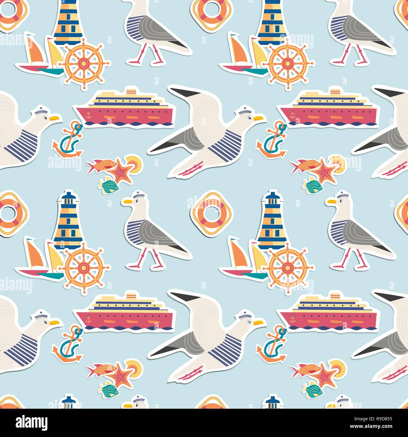 Hand drawn maritime stickers seamless pattern. Stock Vector