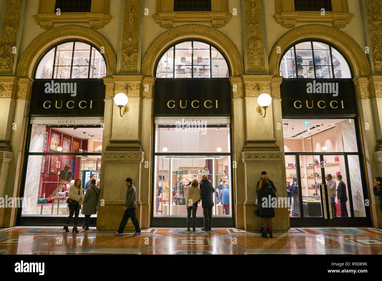 MILAN, ITALY - CIRCA NOVEMBER, 2017: Gucci store at Galleria Vittorio Emanuele II in the night ...
