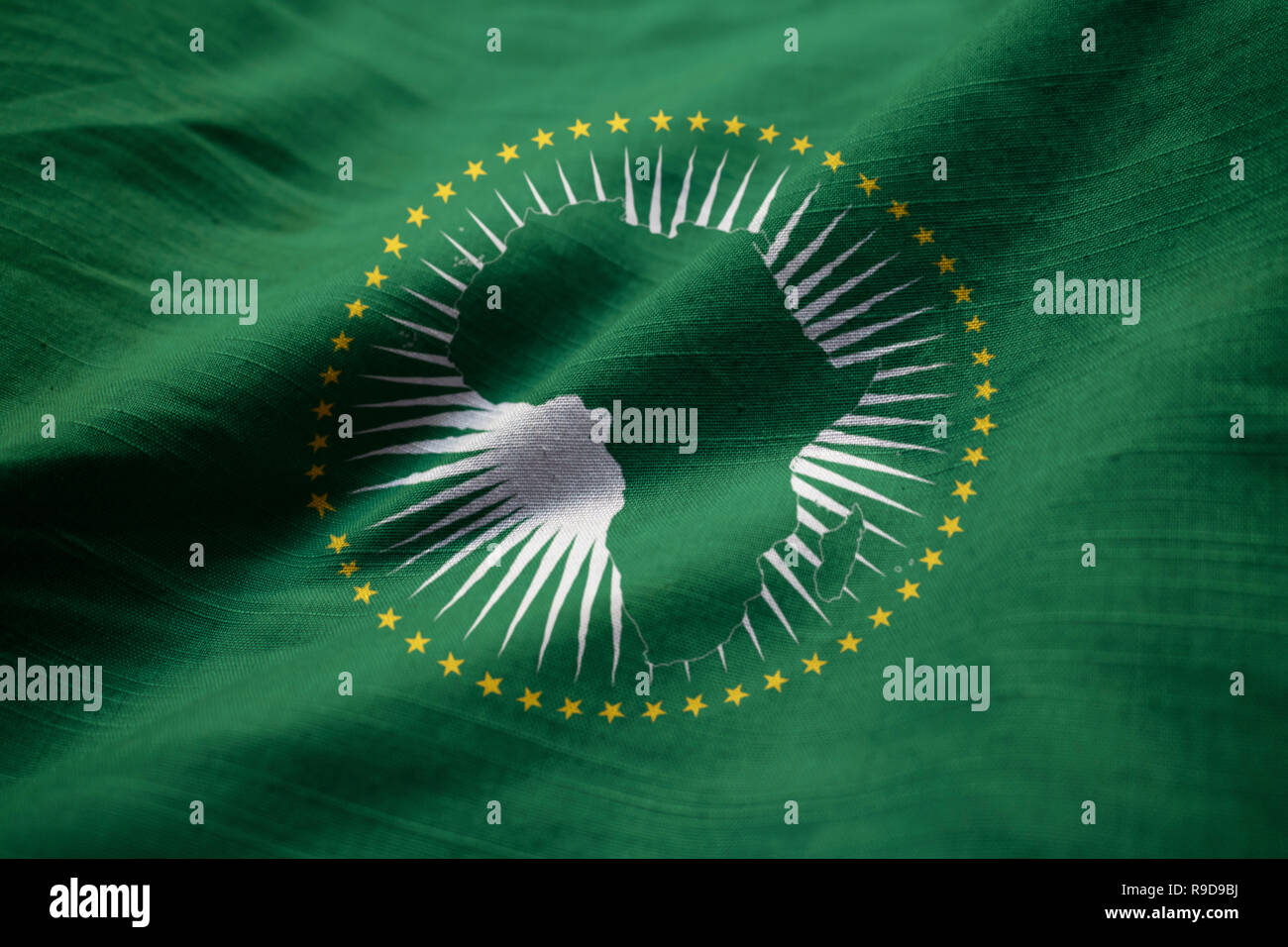 Closeup of Ruffled African Union Flag, African Union Flag Blowing in Wind Stock Photo