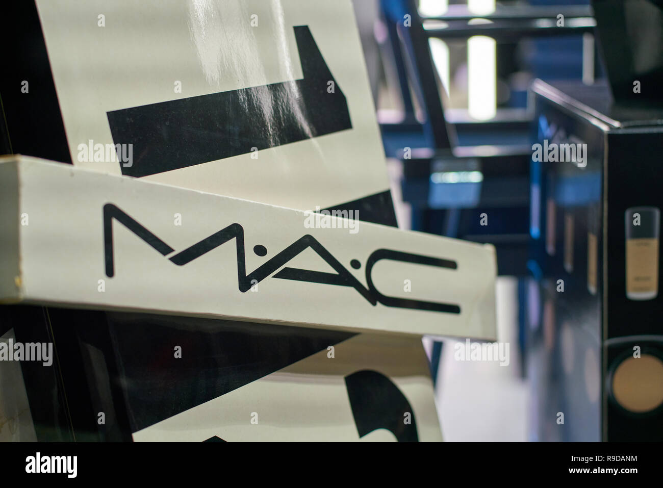 MILAN, ITALY - CIRCA NOVEMBER, 2017: close up shot of MAC sign. MAC is an abbreviation for Make-up Art Cosmetics. Stock Photo