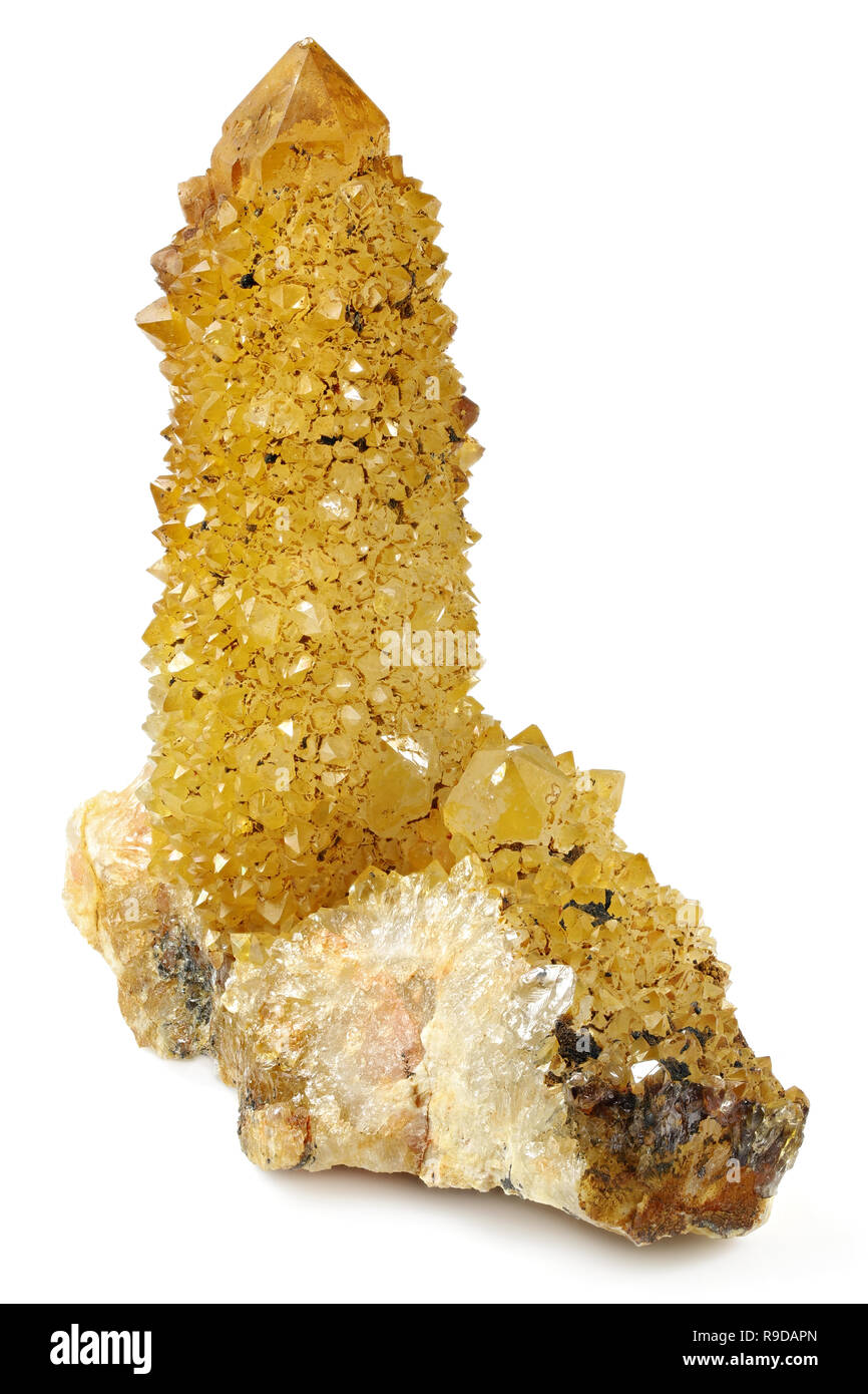 sunshine spirit quartz crystal cluster from Boekenhouthoek, Mpumalanga, South Africa isolated on white background Stock Photo