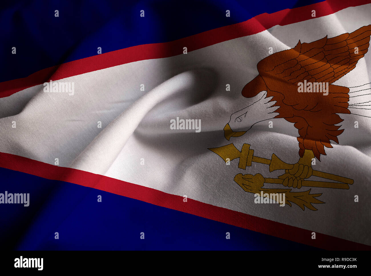 Closeup of Ruffled American Samoa Flag, American Samoa Flag Blowing in Wind Stock Photo