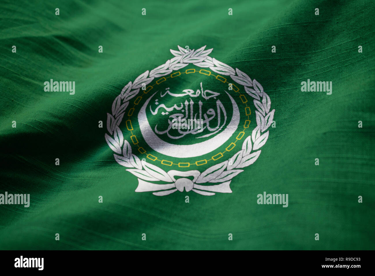 Closeup of Ruffled Arab League Flag, Arab League Flag Blowing in Wind Stock Photo