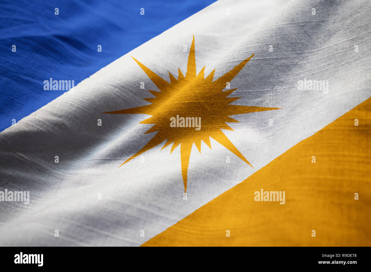 Closeup of Ruffled Bandeira do Tocantins Flag, Bandeira do Tocantins Flag Blowing in Wind Stock Photo