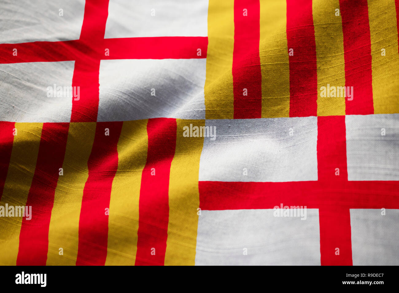 Closeup of Ruffled Barcelona Flag, Barcelona Flag Blowing in Wind Stock Photo