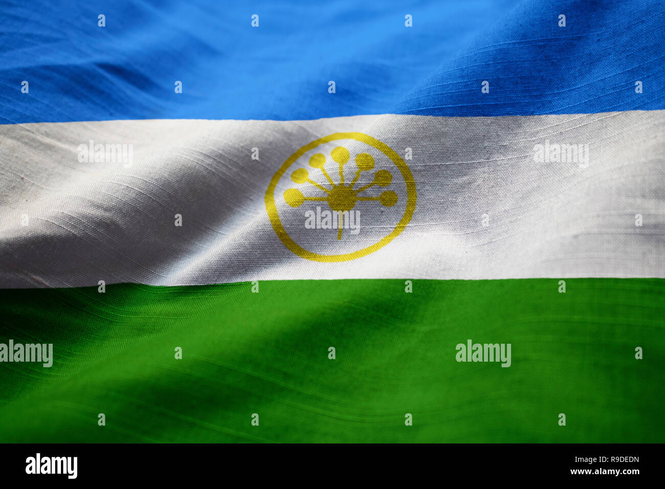 Closeup of Ruffled Bashkortostan Flag, Bashkortostan Flag Blowing in Wind Stock Photo