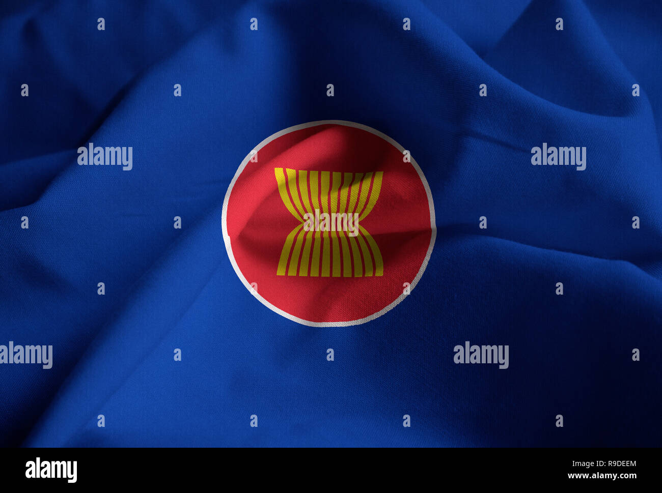 Closeup of Ruffled Association of Southeast Asian Nations Flag, ASEAN Flag Blowing in Wind Stock Photo
