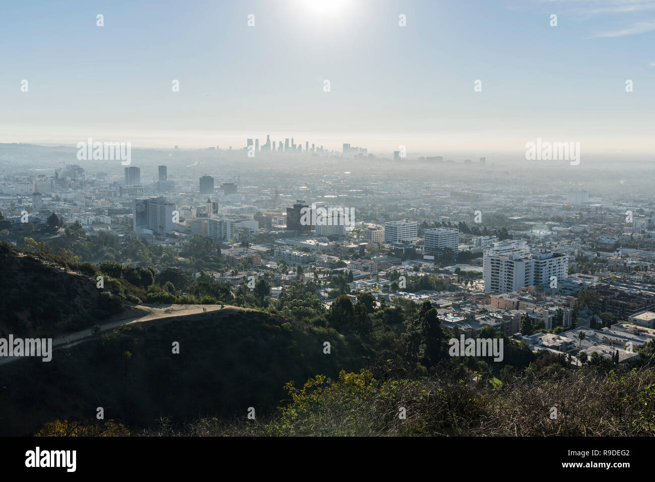 Los Angeles, California, USA - December 16, 2018:  Cityscape view of Runyon Canyon Park hiking trails, Hollywood and downtown LA. Stock Photo