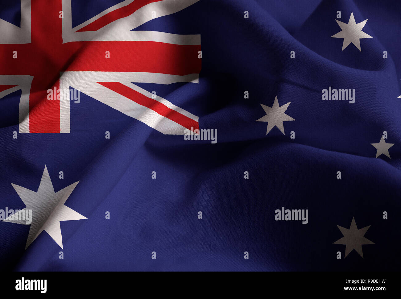 Closeup of Ruffled Australia Flag, Australia Flag Blowing in Wind Stock Photo