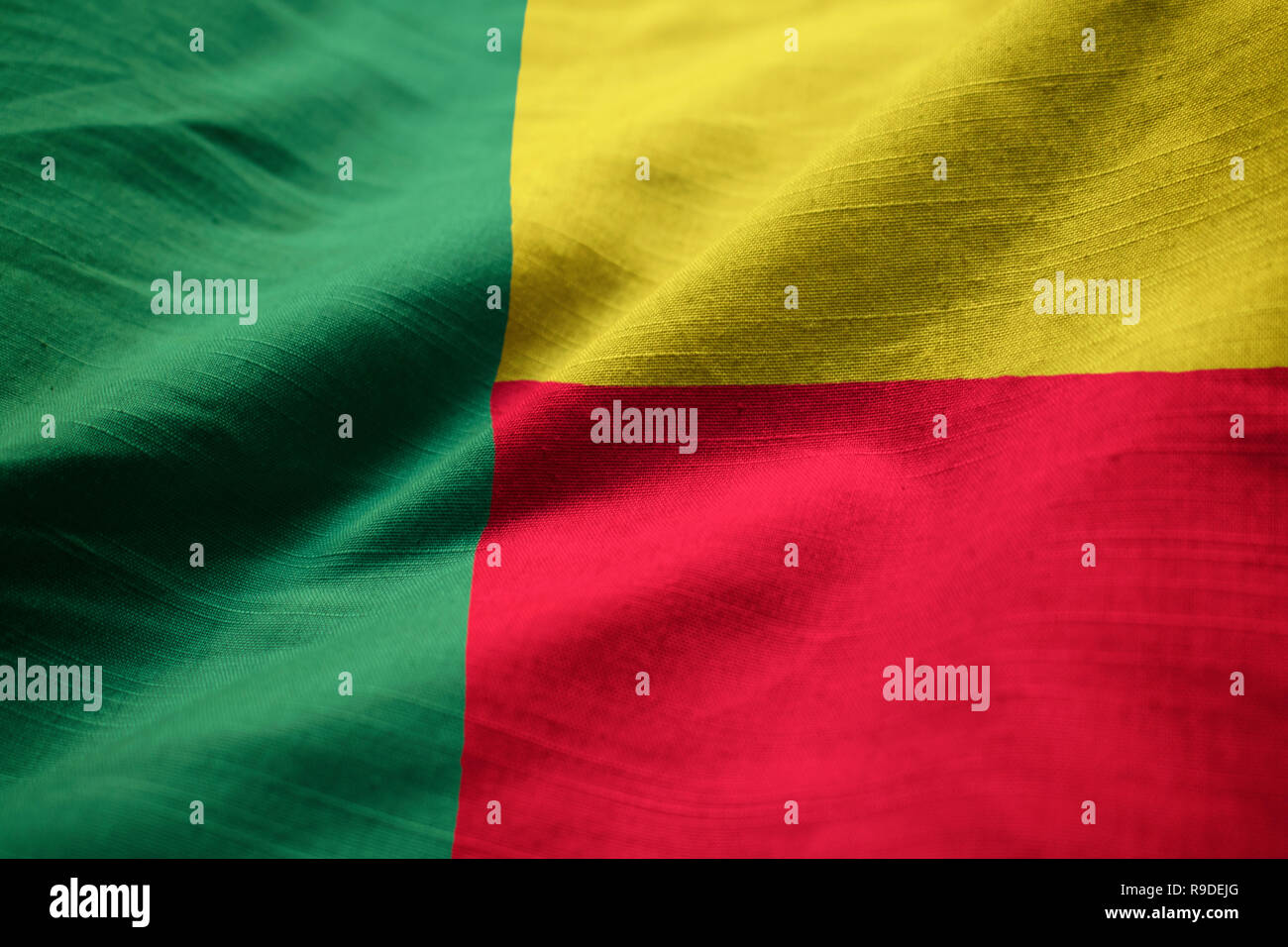 Closeup of Ruffled Benin Flag, Benin Flag Blowing in Wind Stock Photo