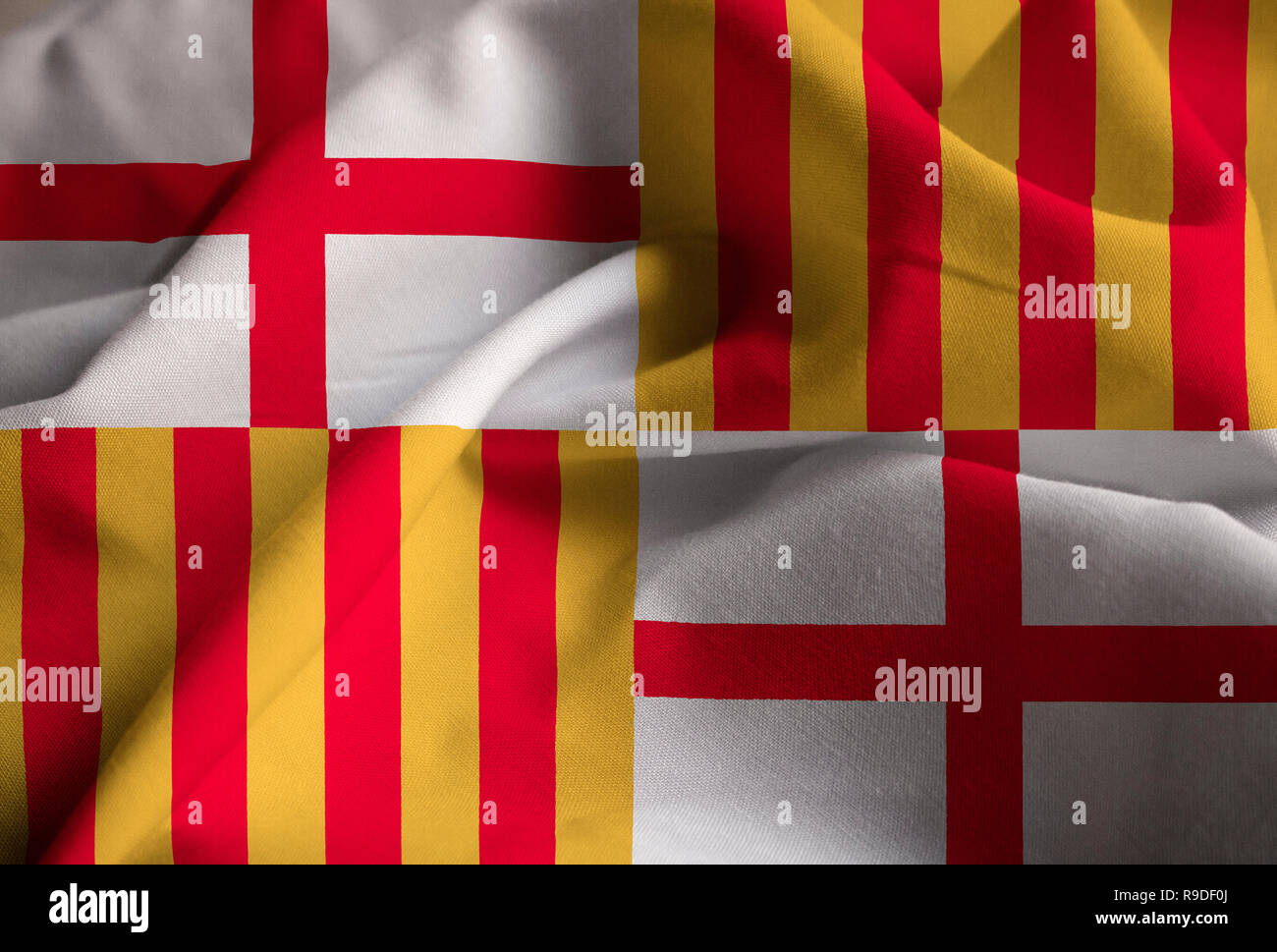 Closeup of Ruffled Barcelona Flag, Barcelona Flag Blowing in Wind Stock Photo