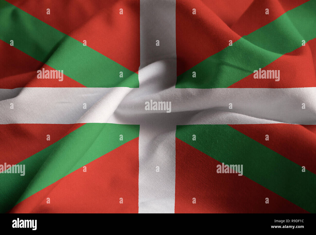 Closeup of Ruffled Basque Country Flag, Basque Country Flag Blowing in Wind Stock Photo
