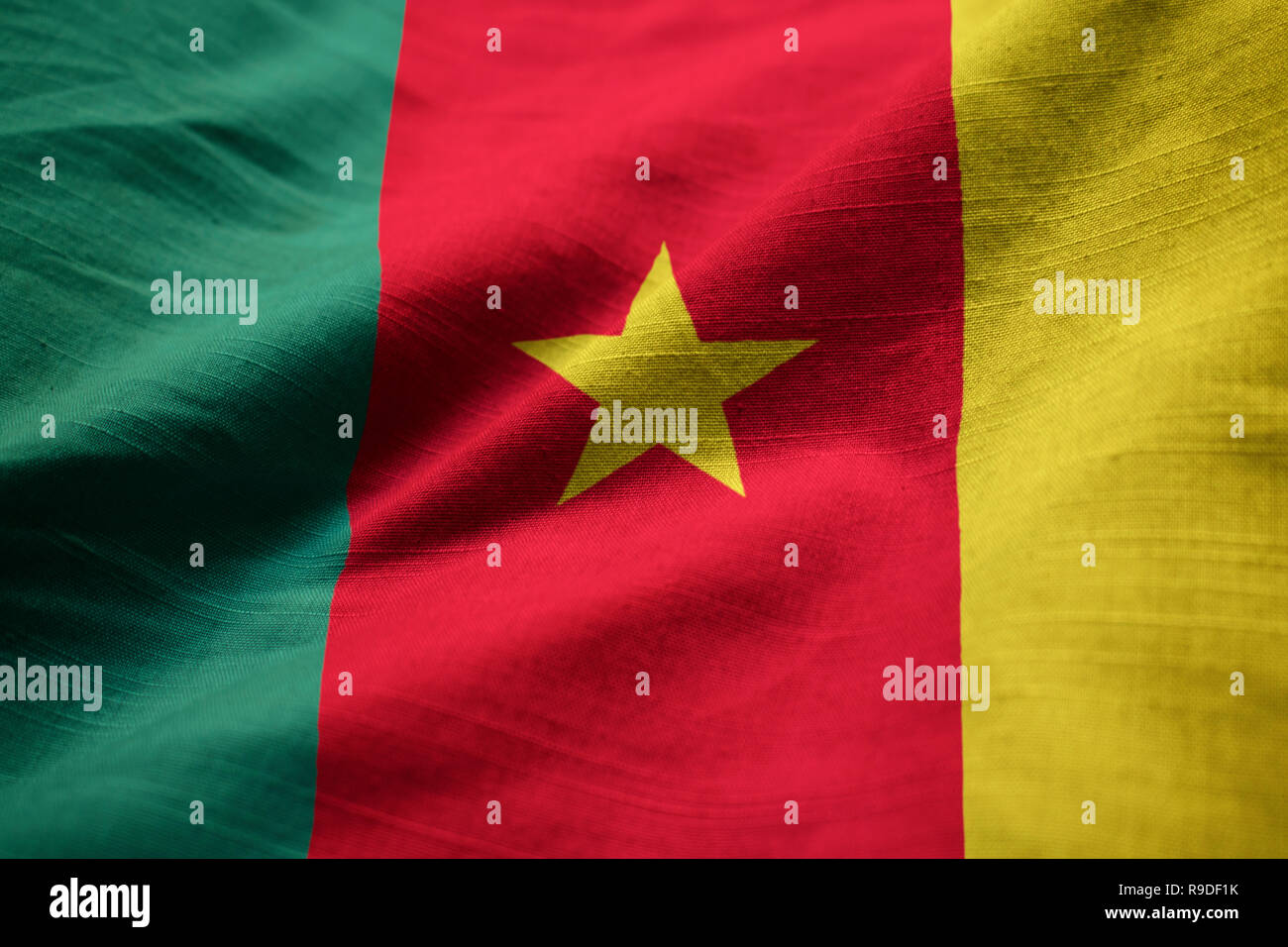 Closeup of Ruffled Cameroon Flag, Cameroon Flag Blowing in Wind Stock Photo