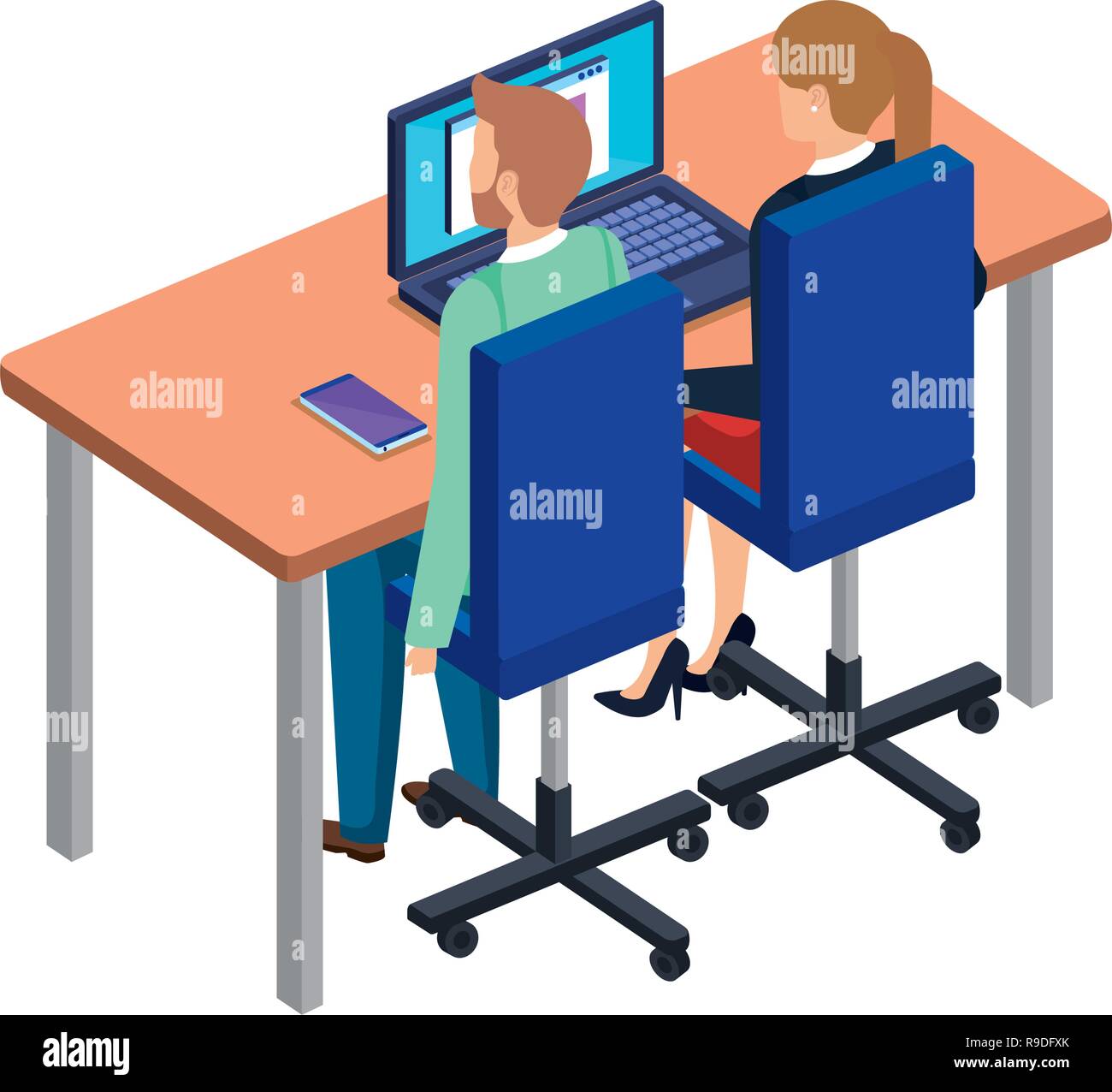 Business Couple In The Desk With Laptop Stock Vector Art