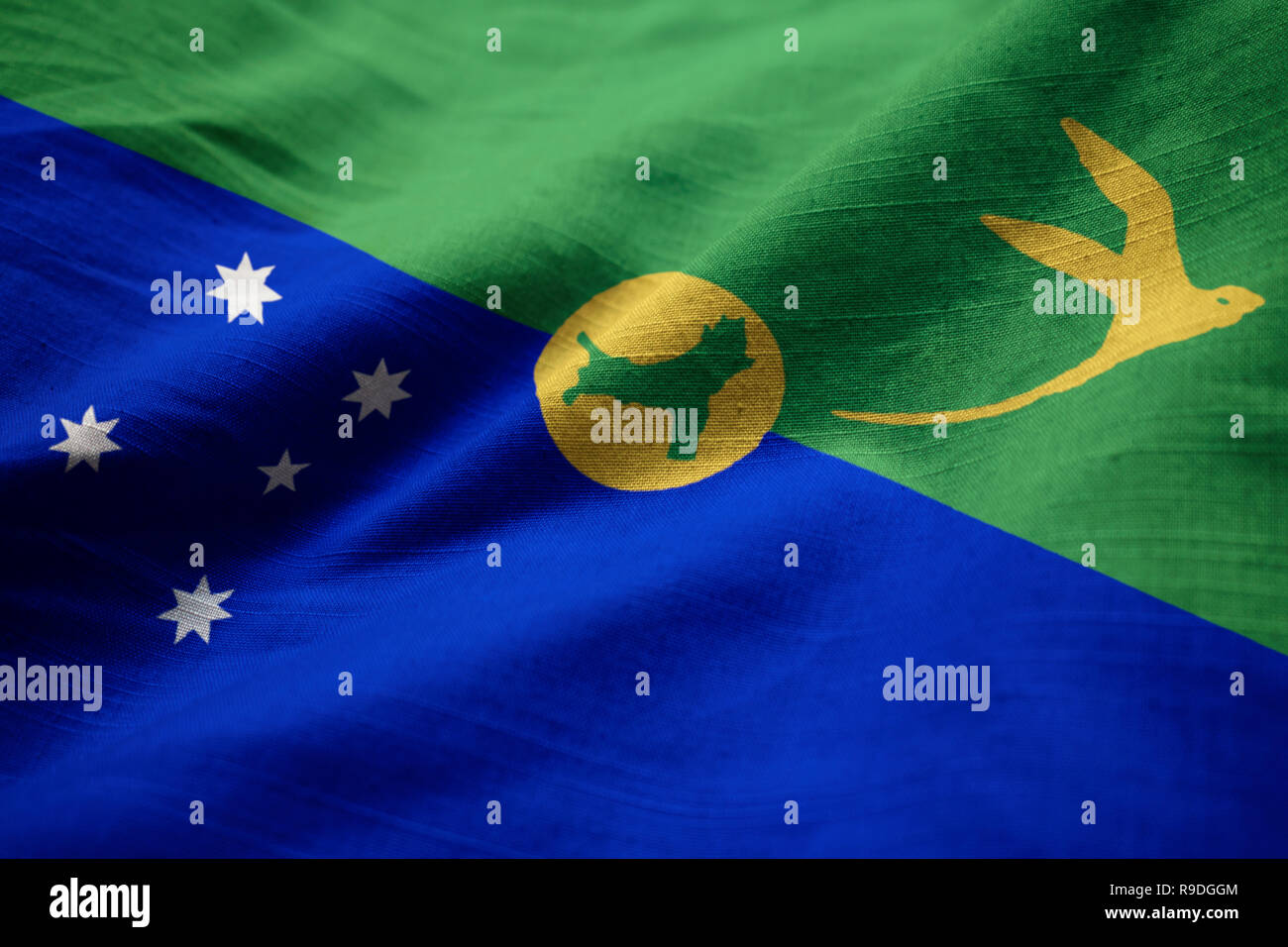 Closeup of Ruffled Christmas Island Flag, Christmas Island Flag Blowing in Wind Stock Photo