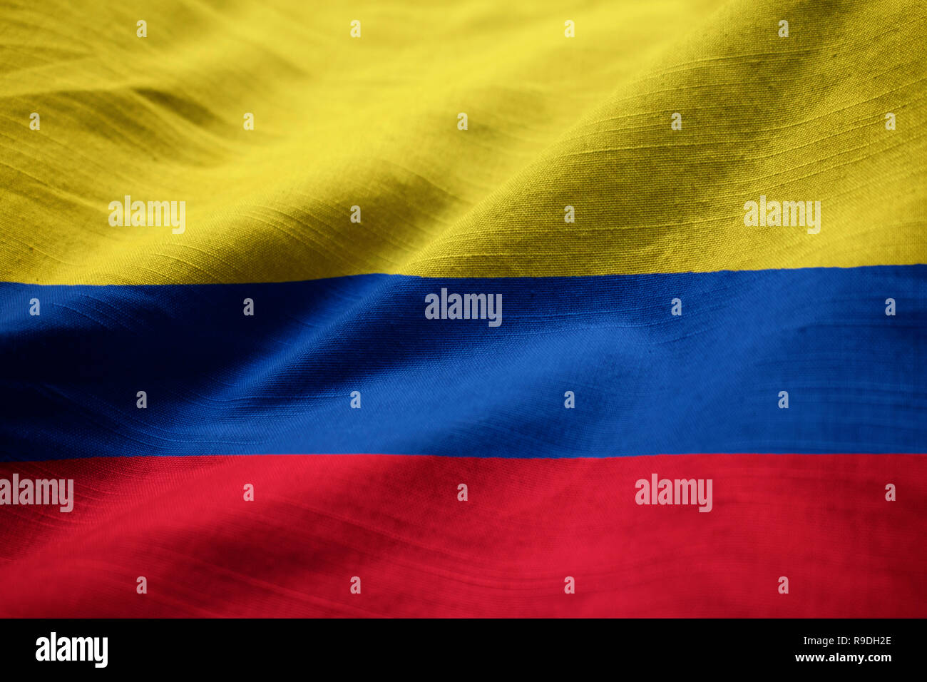 Closeup of Ruffled Colombia Flag, Colombia Flag Blowing in Wind Stock Photo