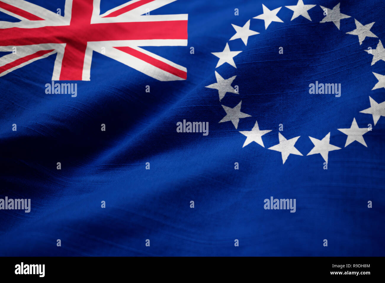 Closeup of Ruffled Cook Islands Flag, Cook Islands Flag Blowing in Wind Stock Photo