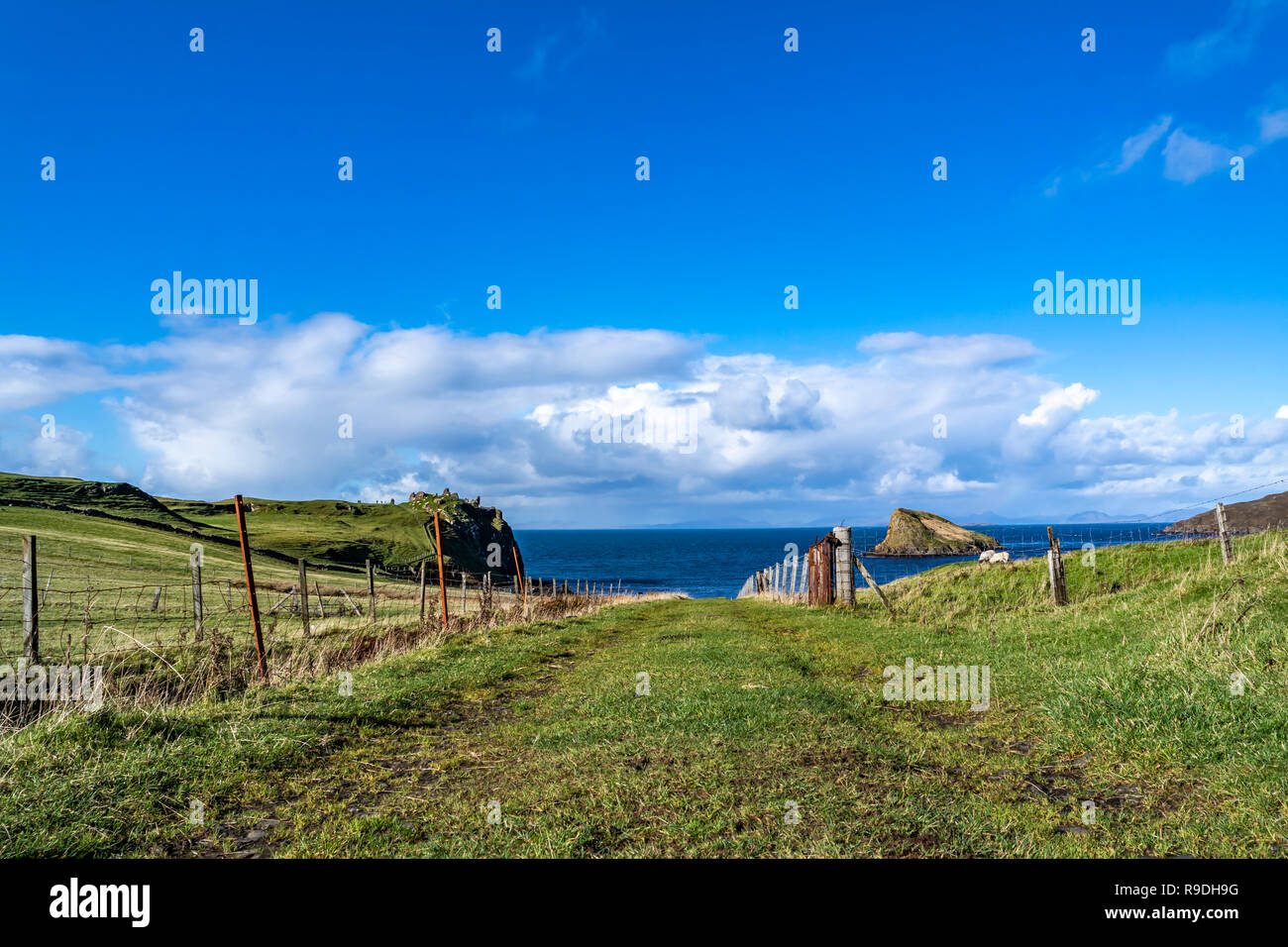 The Tulm Island, Duntulm Bay and the castle ruins on the Isle of Skye - Scotland. Stock Photo