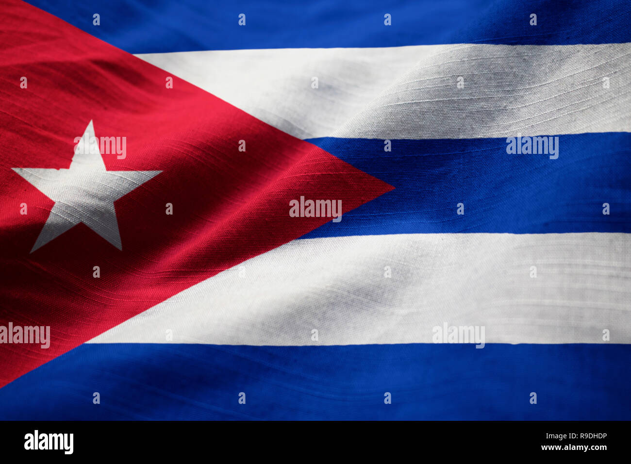 Closeup of Ruffled Cuba Flag, Cuba Flag Blowing in Wind Stock Photo