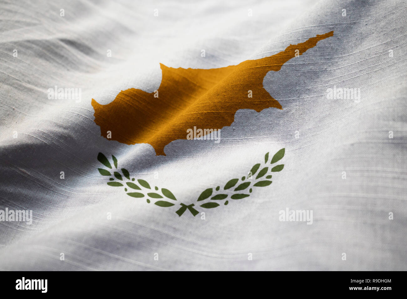 Closeup of Ruffled Cyprus Flag, Cyprus Flag Blowing in Wind Stock Photo