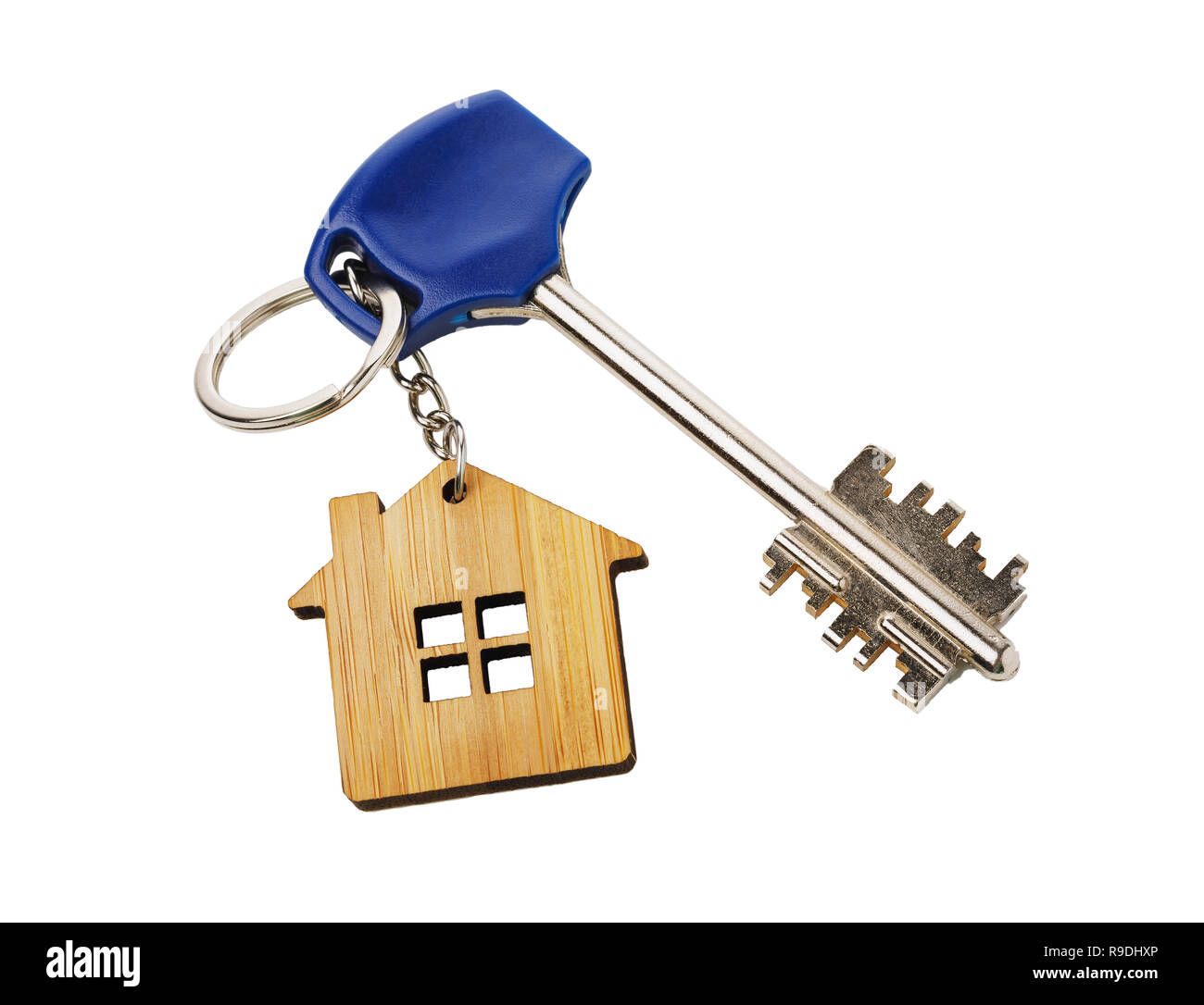 Apartment keys with keychain in the shape of a house isolated on white background Stock Photo