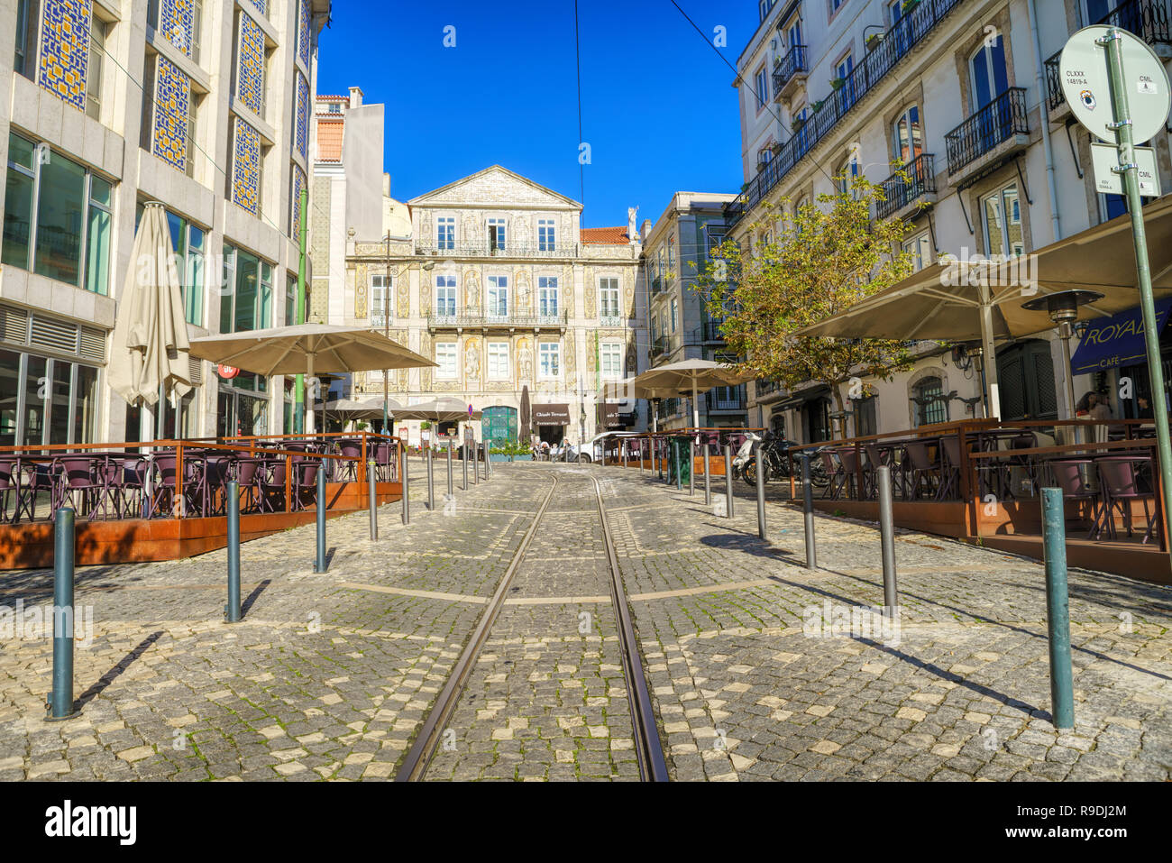 Cafe  in  area of the Barrio Alto, or upper town, in Lisbon. Early in the morning, waiting for the first guests. Stock Photo