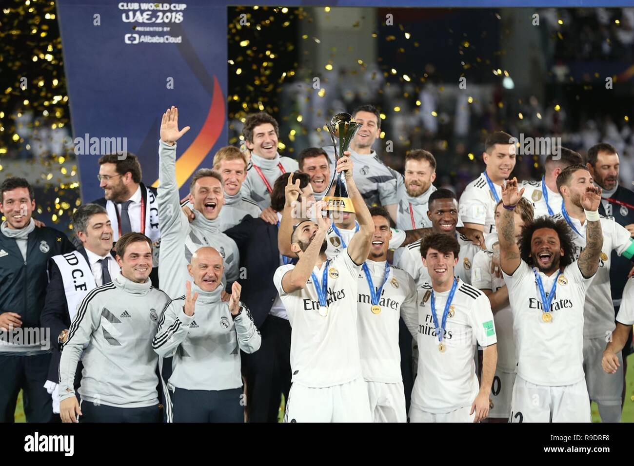 Abu Dhabi United Arab Emirates Uae 22nd Dec 18 Karim Benzema C Of Real Madrid Holds The Trophy During The Awarding Ceremony Of Fifa Club World Cup Final Between Real Madrid And