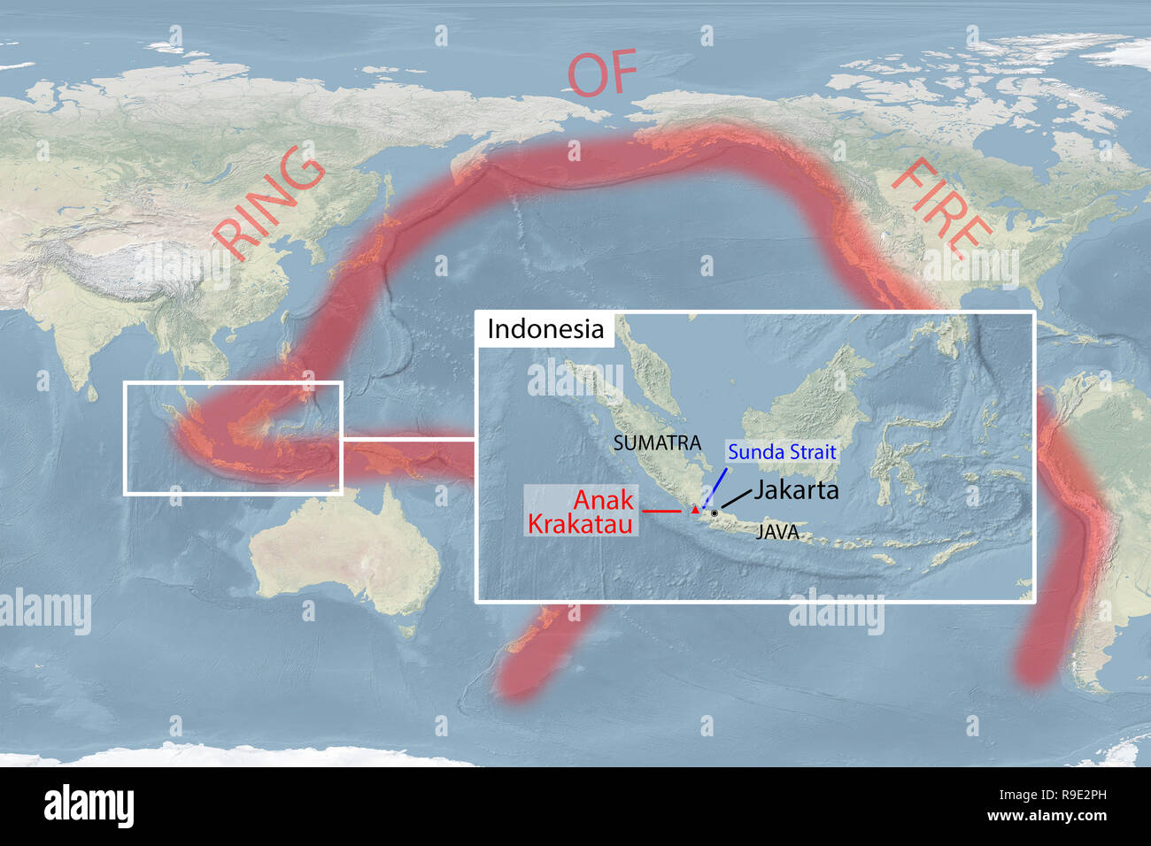 World. 23rd Dec, 2018. World map shows Pacific 'Ring of Fire', Anak  Krakatau volcano and Sunda Strait in Indonesia (image for illustrative  purposes only). A tsunami hit coastal towns on Indonesia's islands