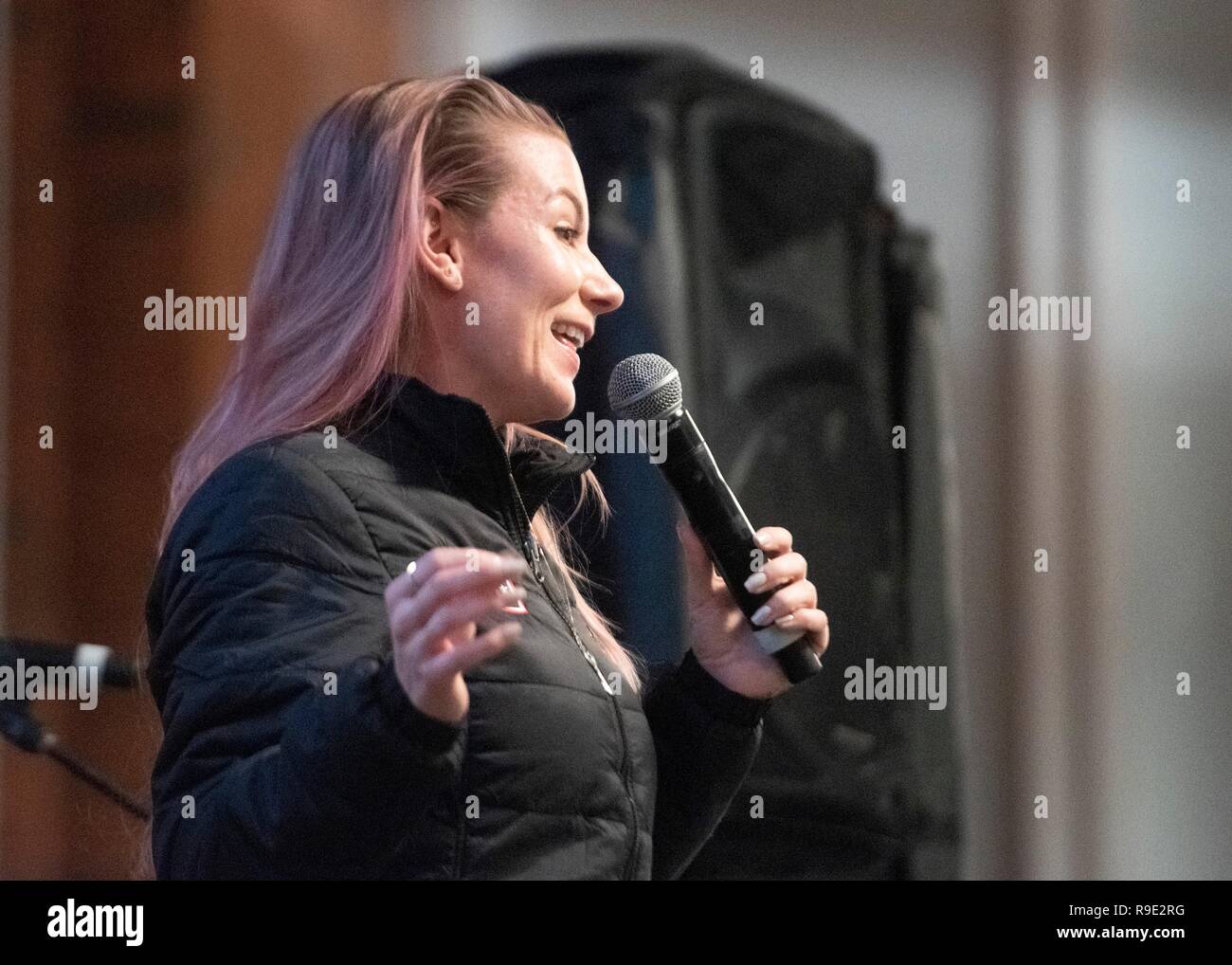 Manama, Bahrain. 21st Dec, 2018. Comedian Jessiemae Peluso performs during the Joint Chiefs USO Christmas Show for deployed service members December 21, 2018 in Vaernes, Norway. This year’s entertainers include actors Milo Ventimiglia, Wilmer Valderrama, DJ J Dayz, Fittest Man on Earth Matt Fraser, 3-time Olympic Gold Medalist Shaun White, Country Music Singer Kellie Pickler, and comedian Jessiemae Peluso. Credit: Planetpix/Alamy Live News Stock Photo