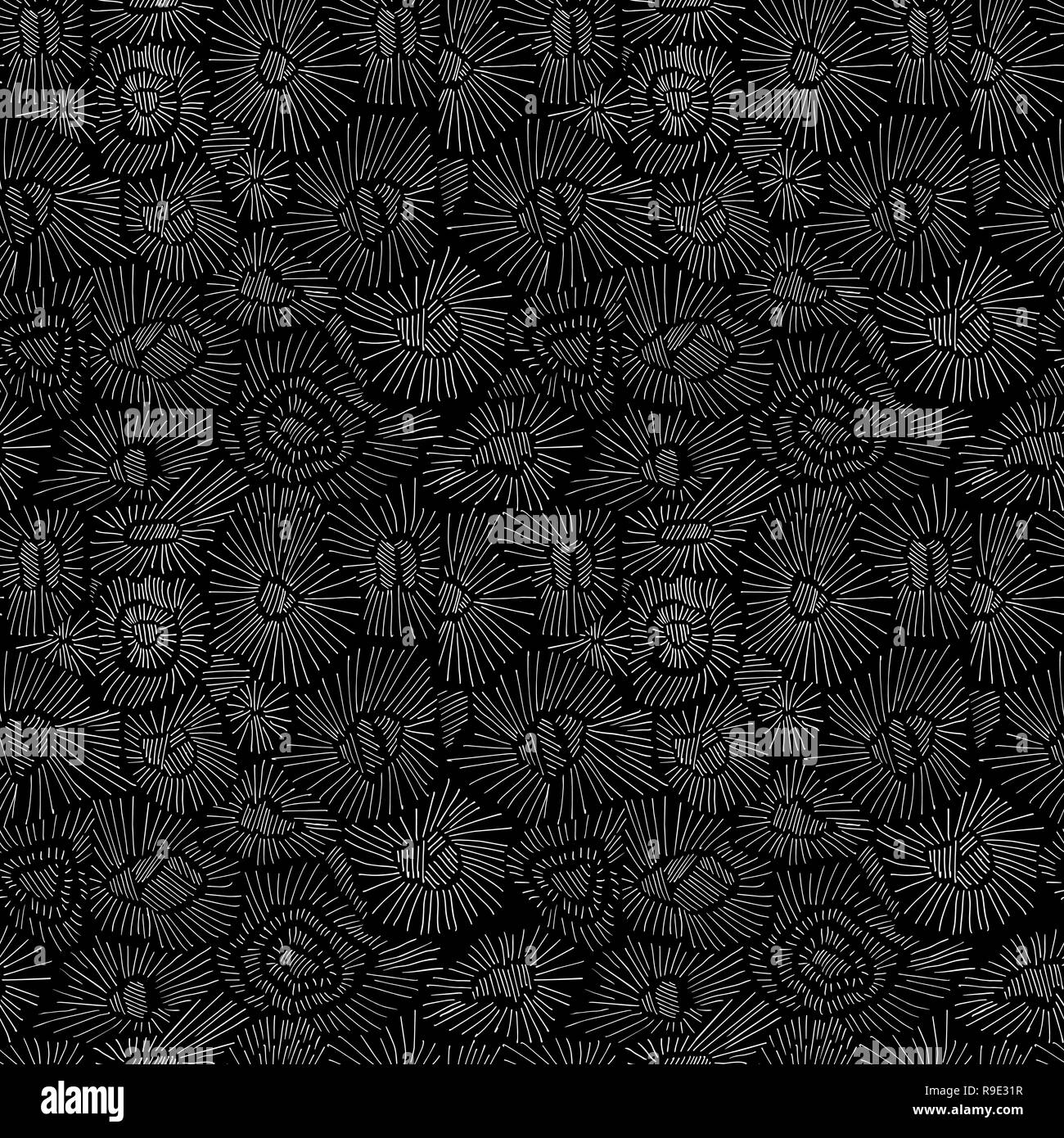 Abstract black seamless pattern. Dark hatching texture. Radiating hand drawn lines, stitches, sunburst, chaotic scratches pattern. Bright irregular engraving lines. Textile, wallpaper, background fill Stock Vector