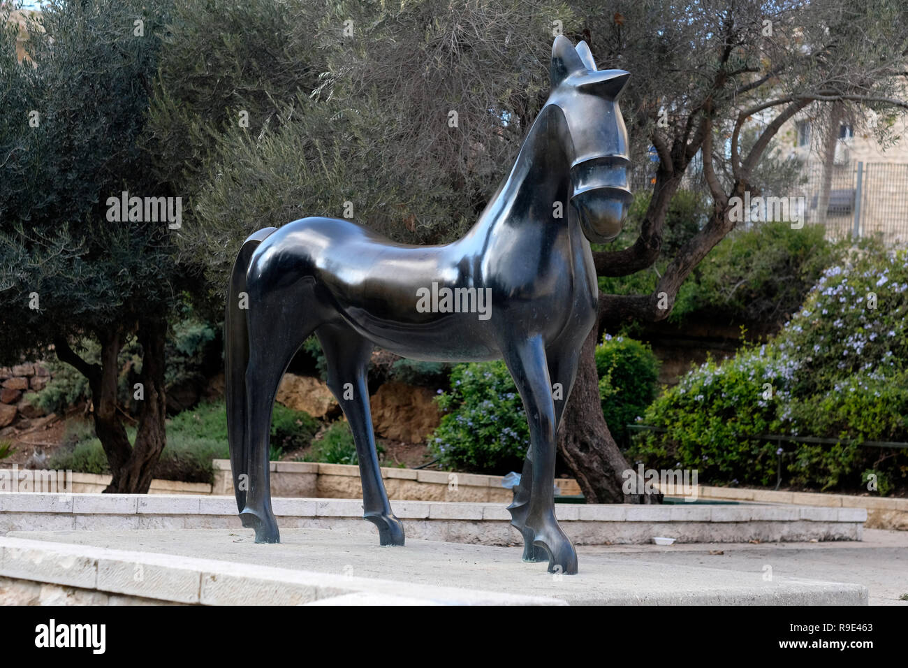 The 'Horse of Peace' one of several Veneti Horses world wide, sculptured and donated by Yugoslavian artist Oskar Kogoj located in the Frances Hiatt Garden in Jerusalem, Israel. This sculpture can be found in several locations around the world. It is a stylised depiction of the horse from the Early Iron Age. Stock Photo