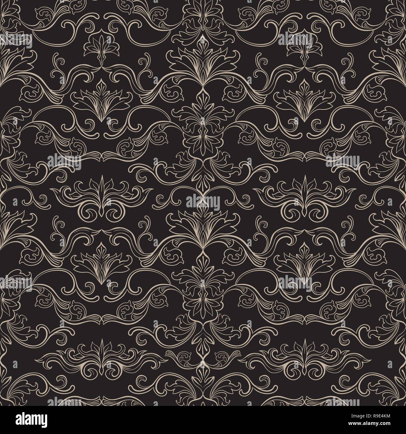 Damask Vector Seamless Pattern. Vintage Style Wallpaper, Carpet or Wrapping Paper Design. Italian Medieval Floral Flourishes, Greek Flowers for Textures. Baroque Leaves for Scrapbooking. Stock Vector