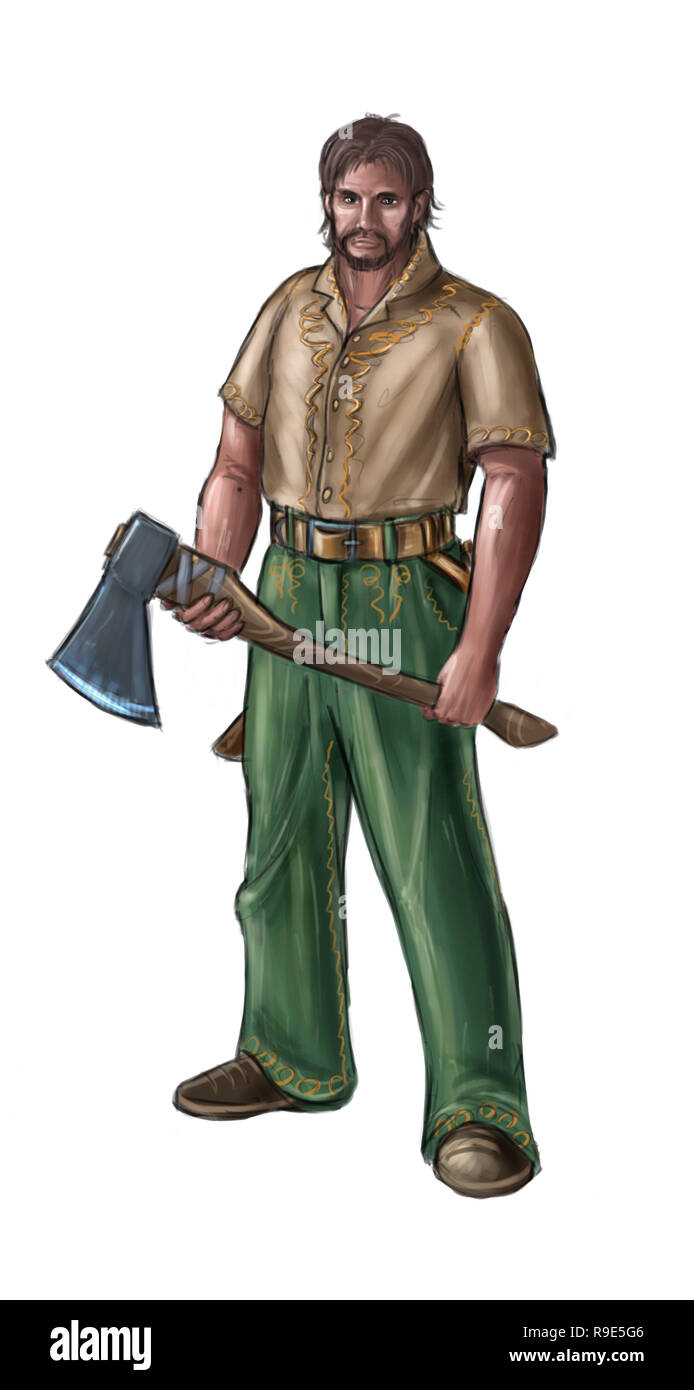 Concept Art Fantasy Illustration of Lumberjack or Villager, Countryman or Village Man With Ax Stock Photo