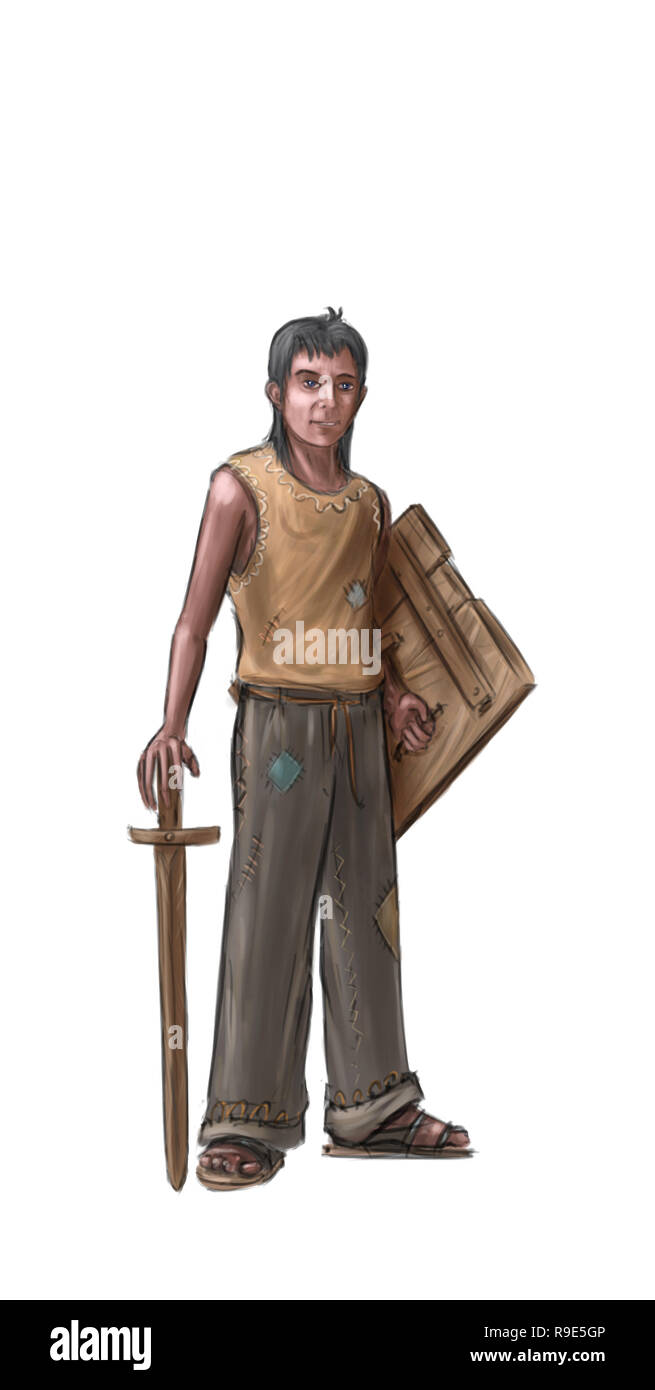 Concept Art Fantasy Illustration of Small Boy With Wooden Toy Shield and Sword Stock Photo