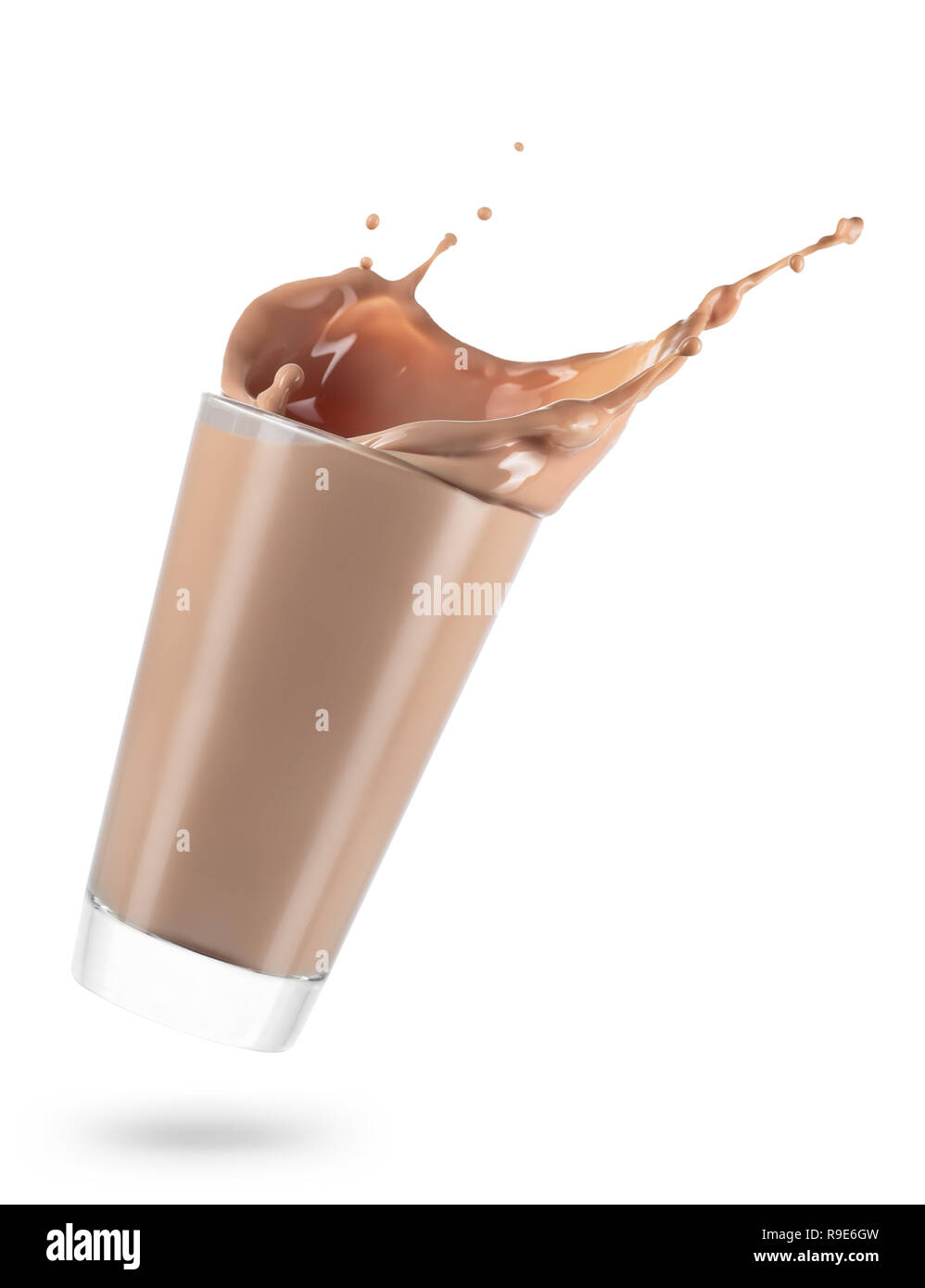glass of spilling chocolate milk with splash isolated on white