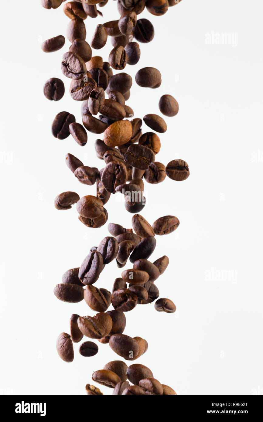 Grains of roasted coffee falling on white background, studio light Stock Photo